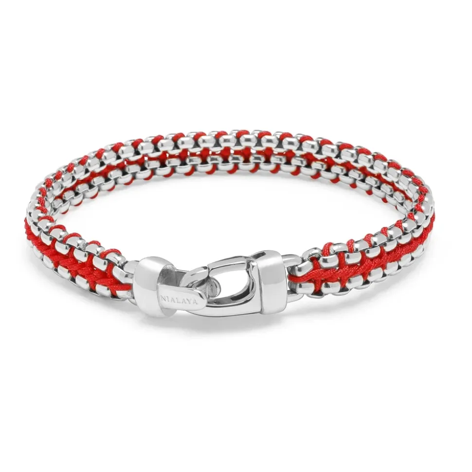 Red Woven Box Chain Bracelet in Silver
