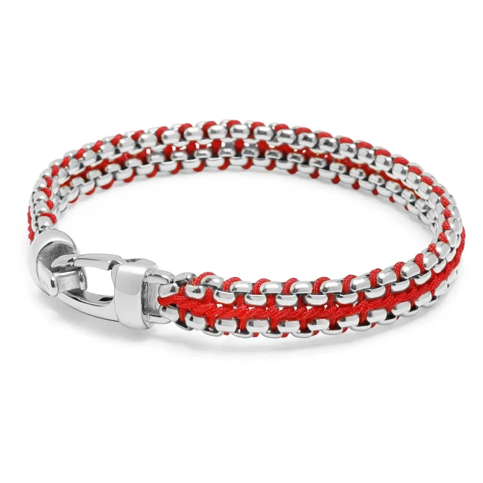 Red Woven Box Chain Bracelet in Silver