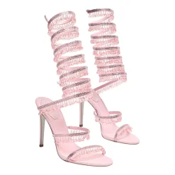 Rosa Leder- und Satinsandalen