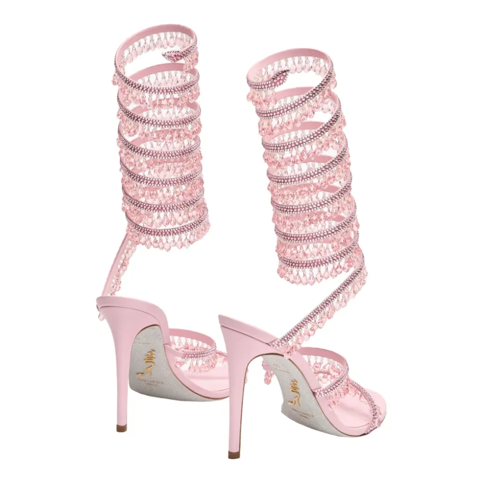 Rosa Leder- und Satinsandalen