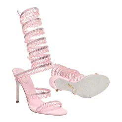 Rosa Leder- und Satinsandalen