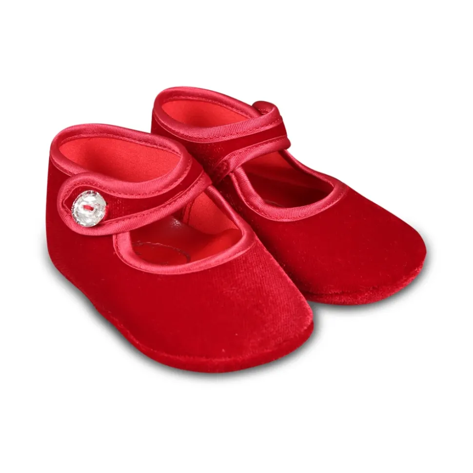 Rote Samt-Ballerinas mit Kristallriemen
