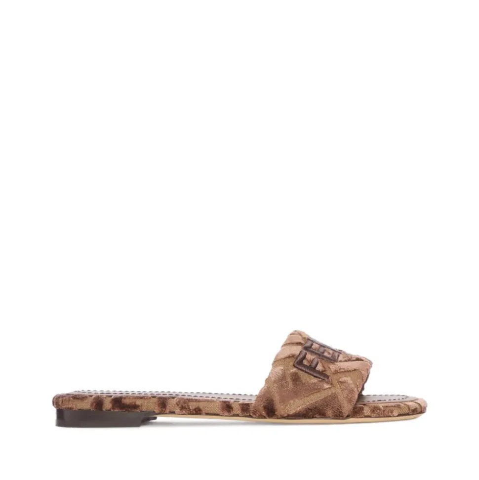 Samt Logo Slide Sandalen Beige Braun