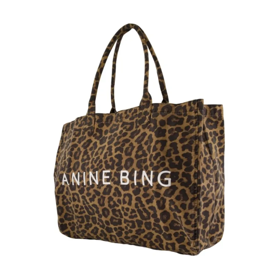 Schwarze Baumwoll-Shopper-Tasche mit Leopard