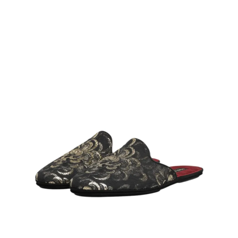 Schwarze Blumige Jacquard Slides Schuhe