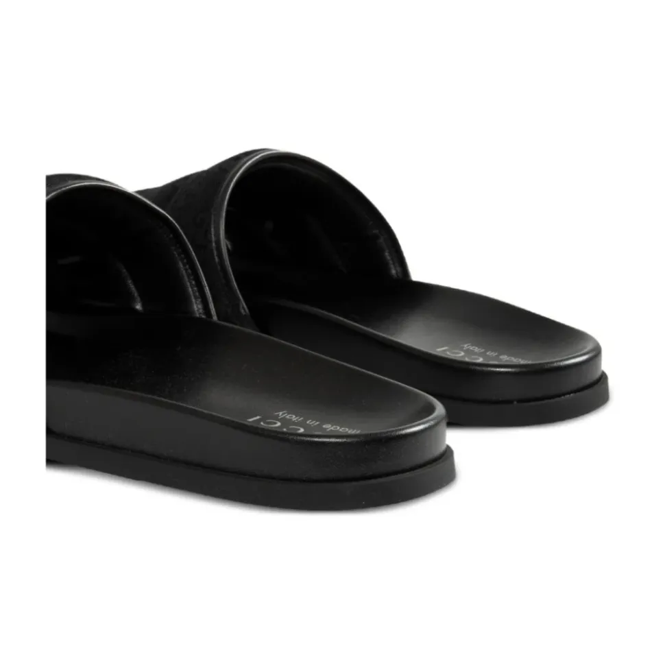 Schwarze Canvas Open Toe Slide Sandalen
