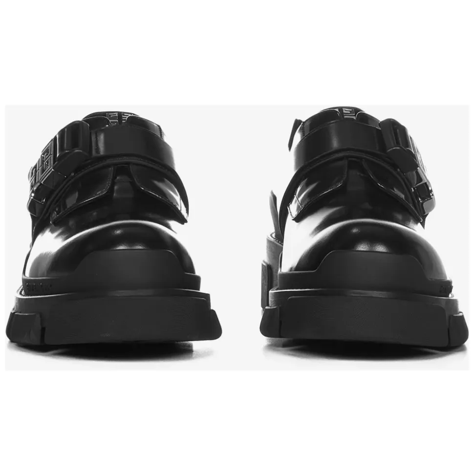 Schwarze flache Schuhe mit verstellbarem Riemen und 4G-Metallschnalle