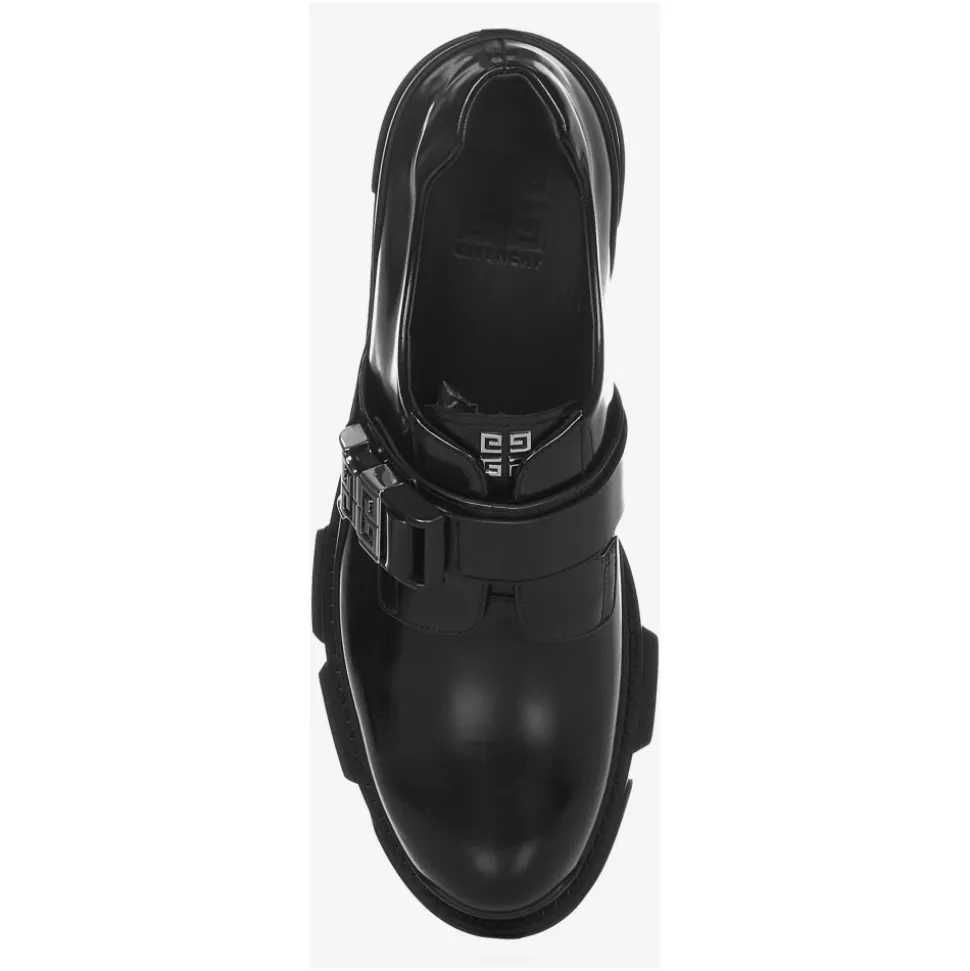 Schwarze flache Schuhe mit verstellbarem Riemen und 4G-Metallschnalle