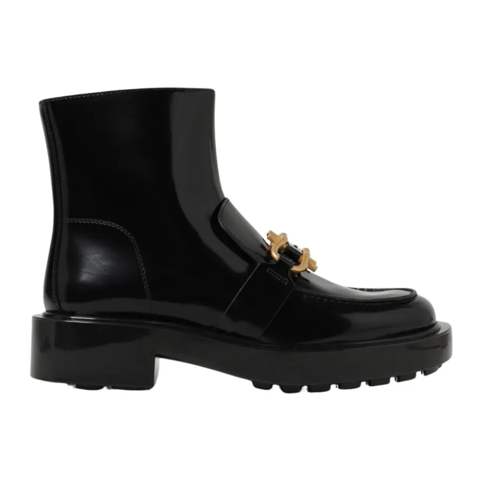Schwarze Flache Stiefeletten mit Ketten-Detail