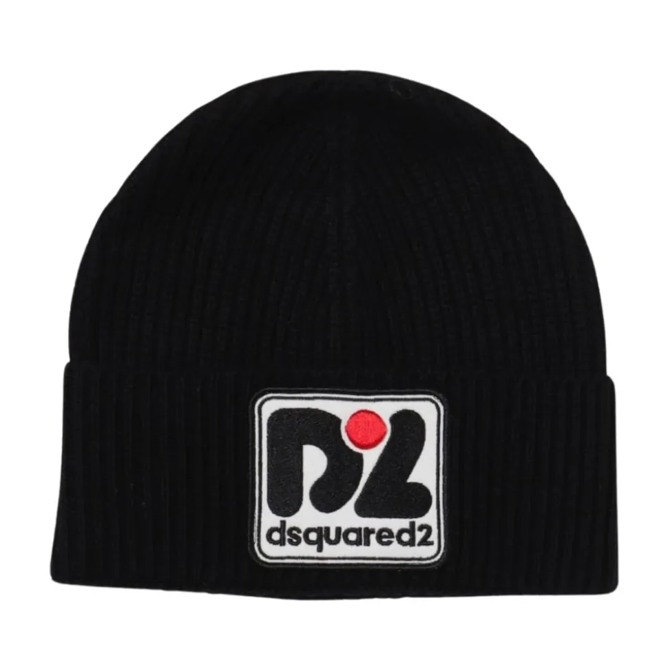 Schwarze gerippte Strickmütze mit Logopatch