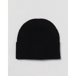 Schwarze gerippte Strickmütze mit Logopatch
