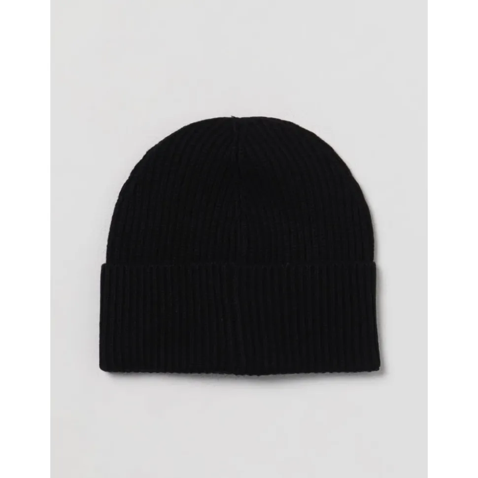 Schwarze gerippte Strickmütze mit Logopatch