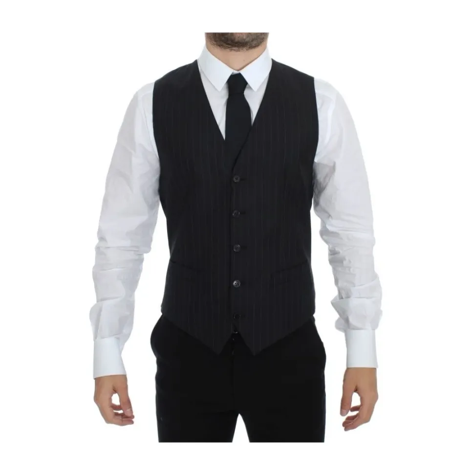 Schwarze Gestreifte Woll Seiden Kleid Weste
