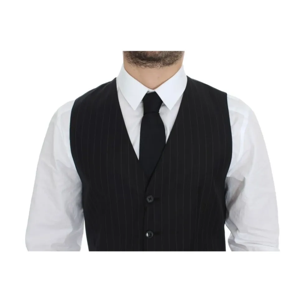 Schwarze Gestreifte Woll Seiden Kleid Weste