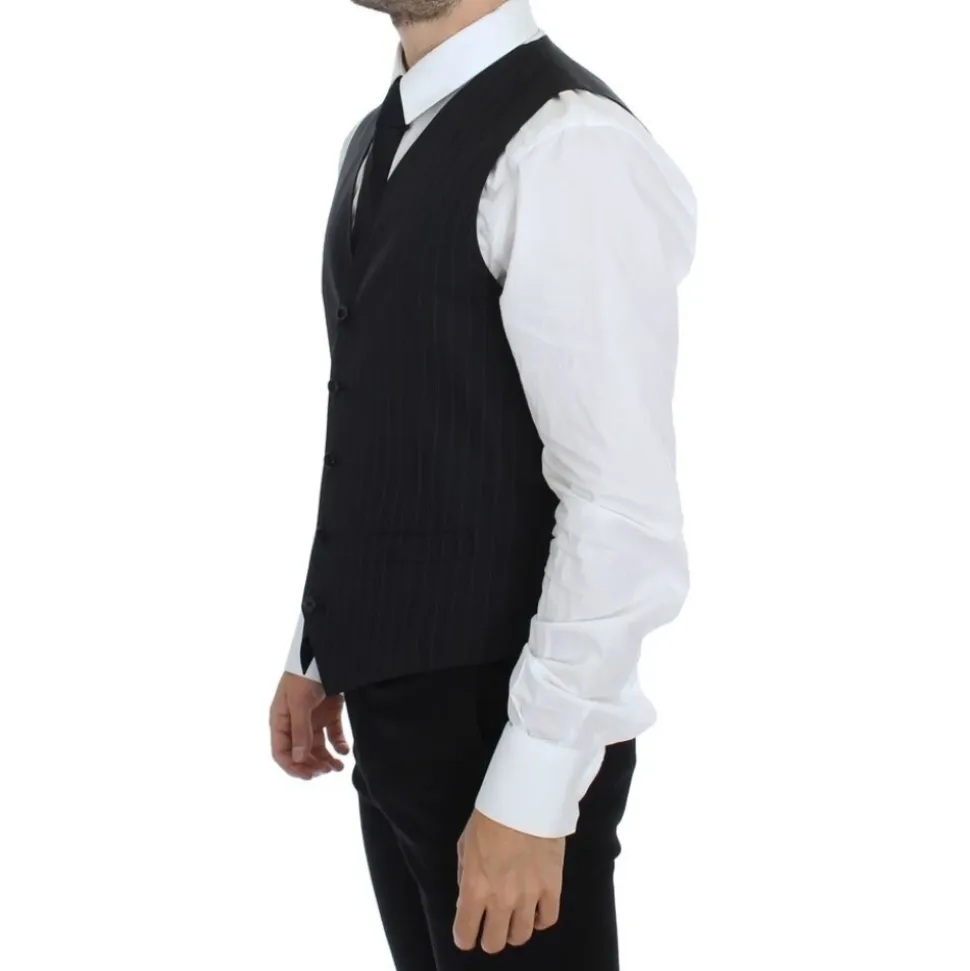 Schwarze Gestreifte Woll Seiden Kleid Weste