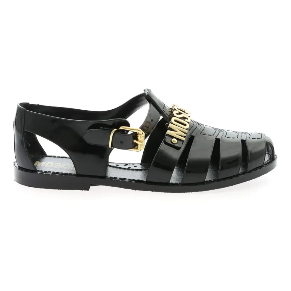 Schwarze Gummistrandsandalen mit goldenem Logo