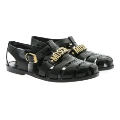 Schwarze Gummistrandsandalen mit goldenem Logo