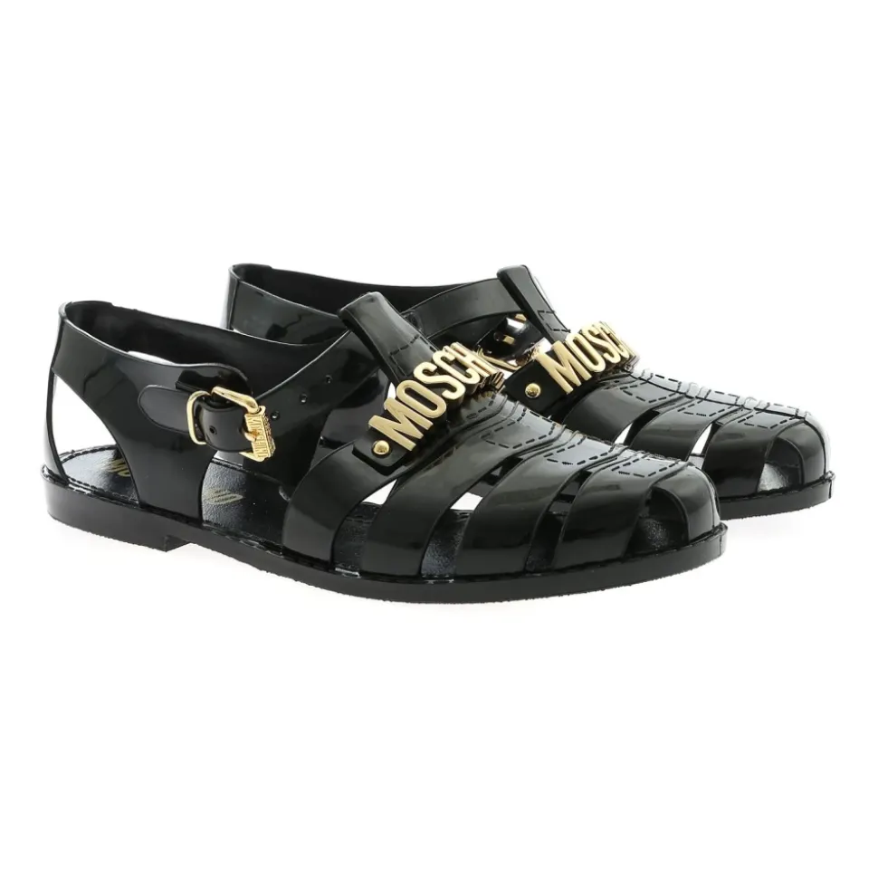Schwarze Gummistrandsandalen mit goldenem Logo