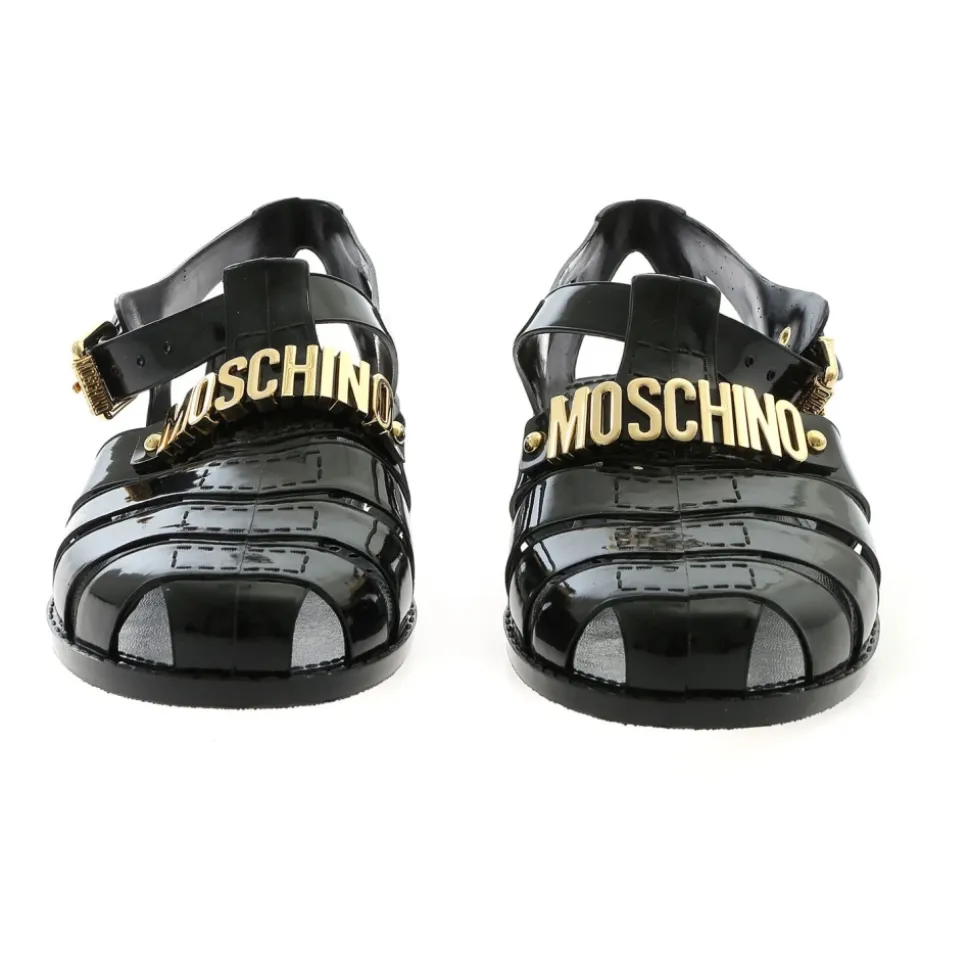 Schwarze Gummistrandsandalen mit goldenem Logo