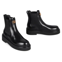 Schwarze Leder Chelsea Boots Elastische Einsätze