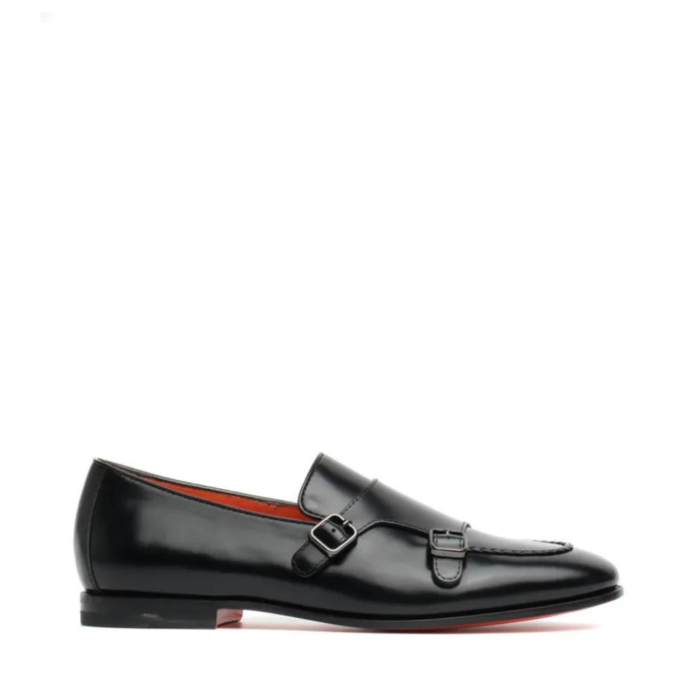 Schwarze Leder Doppel Schnalle Schuhe