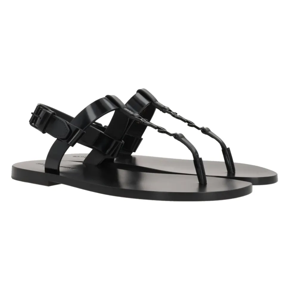 Schwarze Leder Flache Sandalen