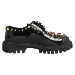 Schwarze Leder Juwelen Derby Schuhe