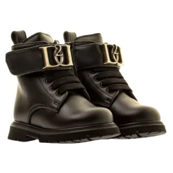 Schwarze Leder Kinderstiefel mit Metalllogo