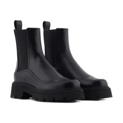 Schwarze Leder Plateau Stiefel Runde Zehe