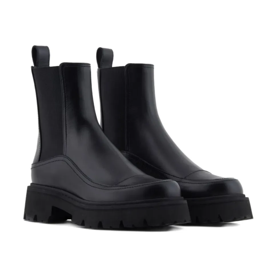 Schwarze Leder Plateau Stiefel Runde Zehe