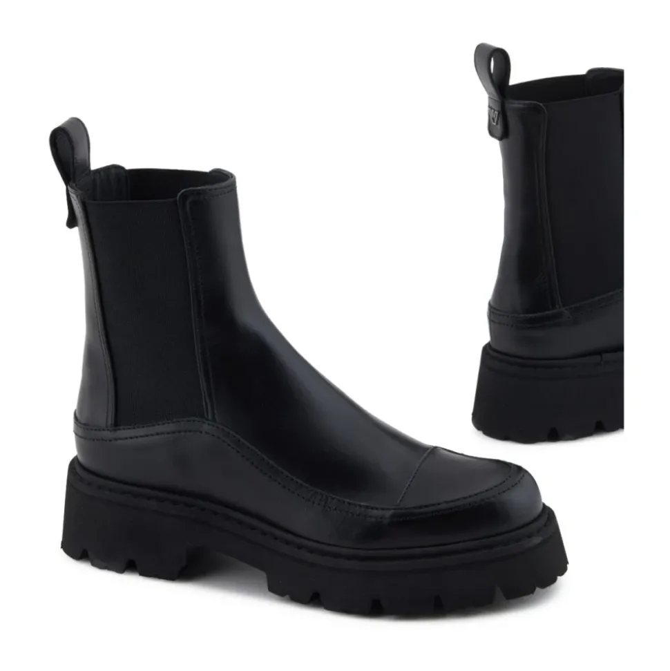 Schwarze Leder Plateau Stiefel Runde Zehe