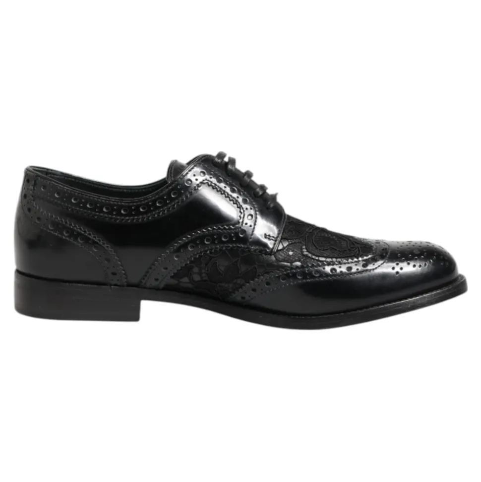 Schwarze Lederblumen Spitzenkleidschuhe