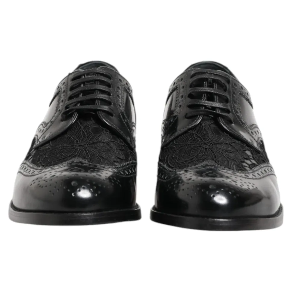 Schwarze Lederblumen Spitzenkleidschuhe
