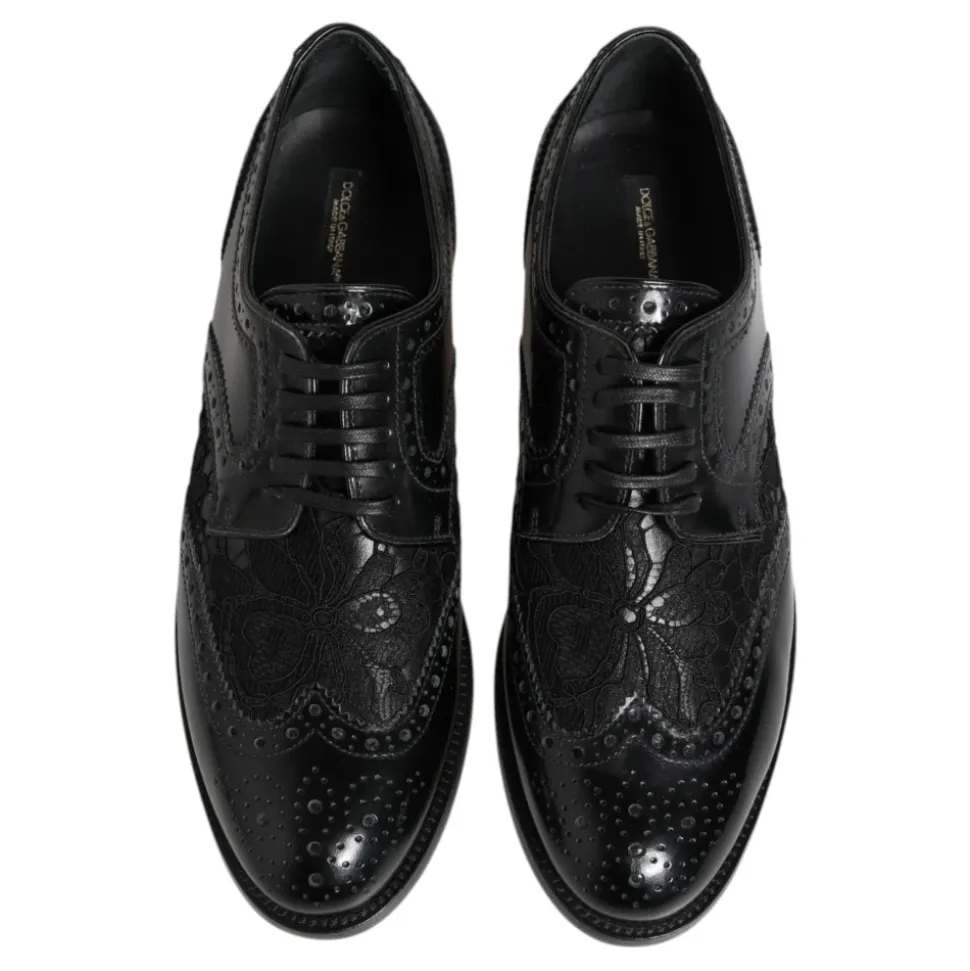 Schwarze Lederblumen Spitzenkleidschuhe