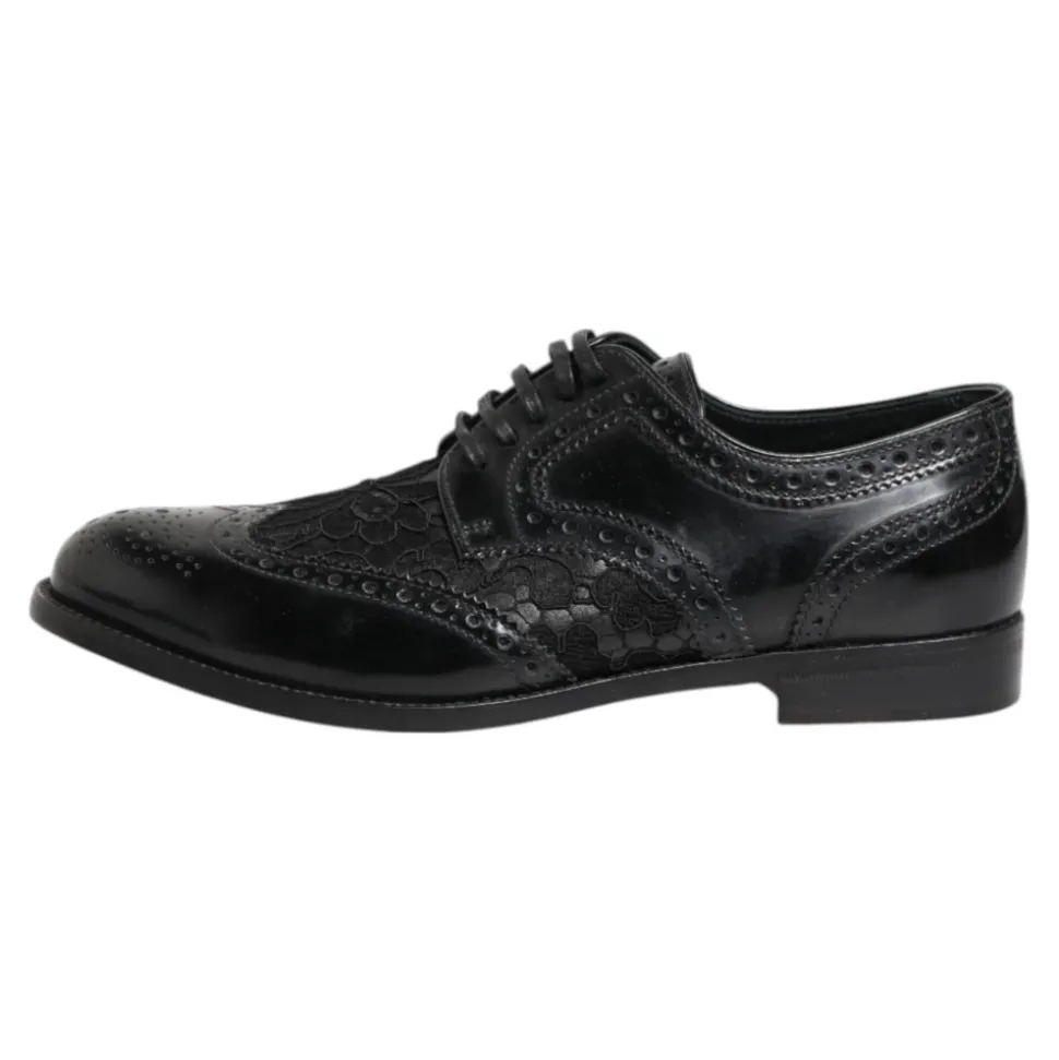 Schwarze Lederblumen Spitzenkleidschuhe