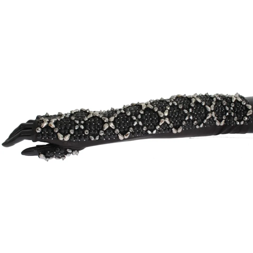 Schwarze Lederhandschuhe mit Kristallperlen