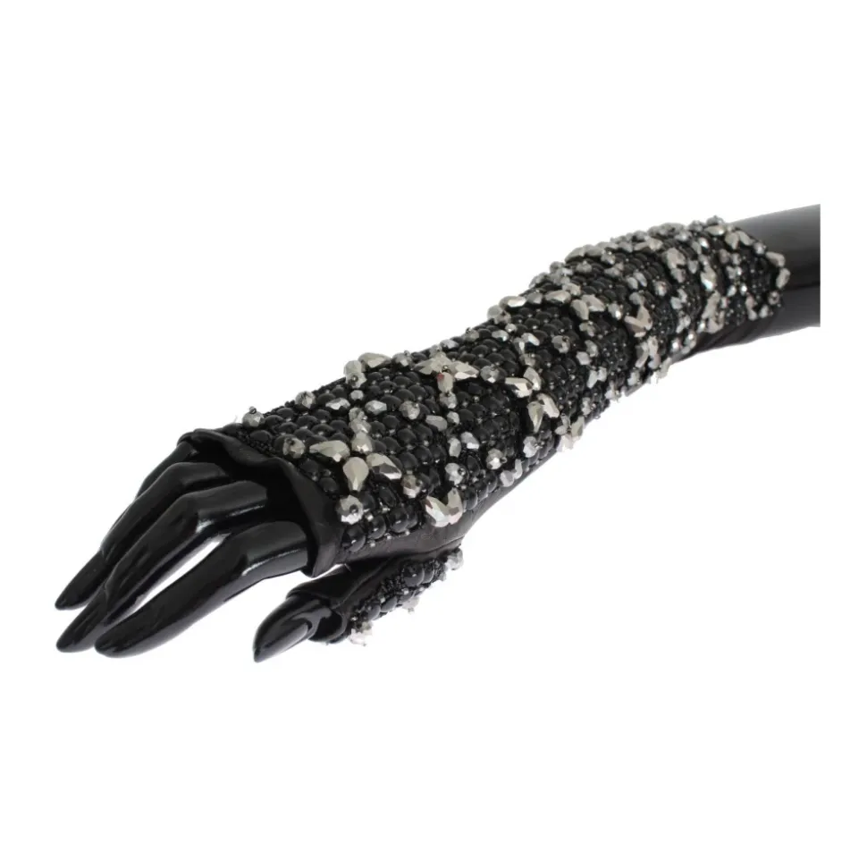 Schwarze Lederhandschuhe mit Kristallperlen