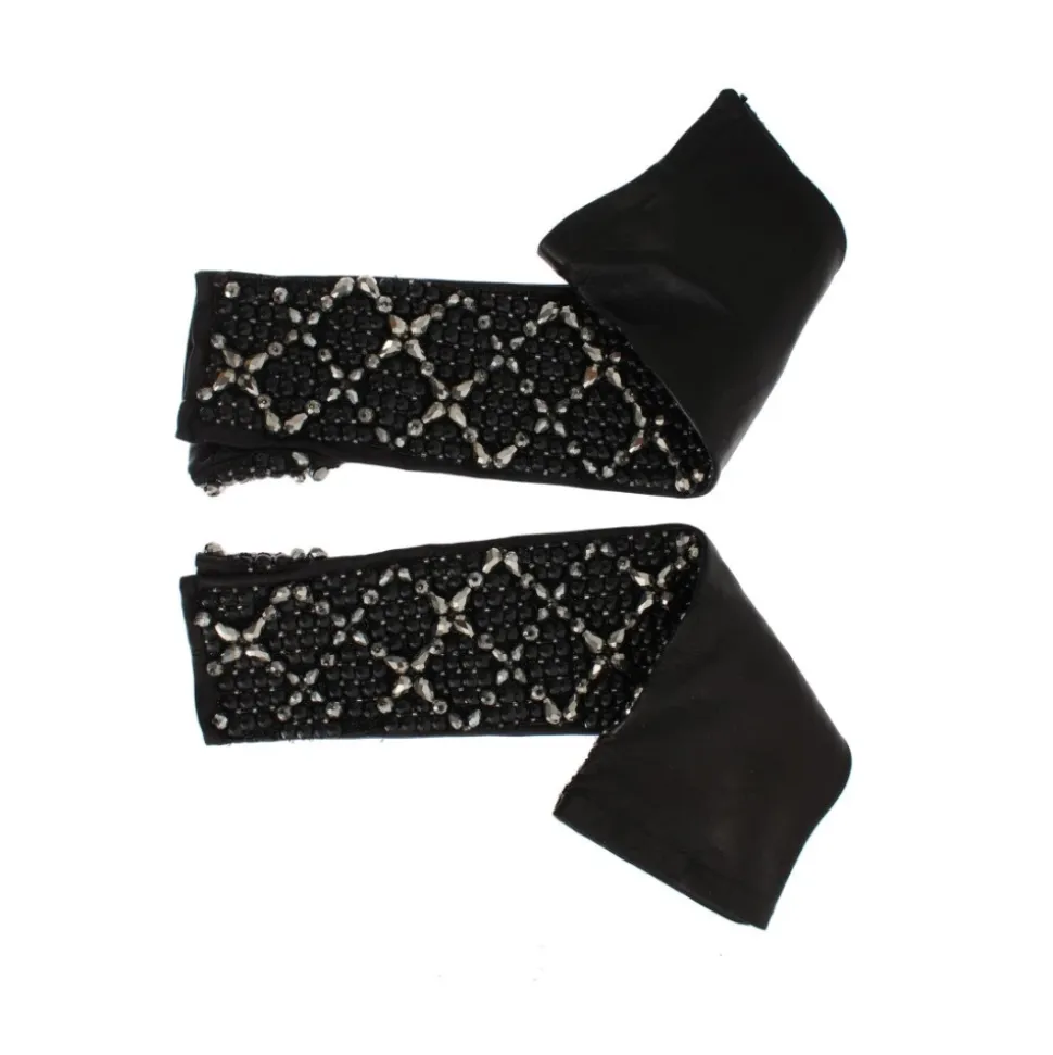 Schwarze Lederhandschuhe mit Kristallperlen