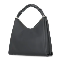 Schwarze Lederhandtasche mit geflochtenem Griff