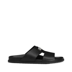 Schwarze Ledersandalen Flache Gummisohle