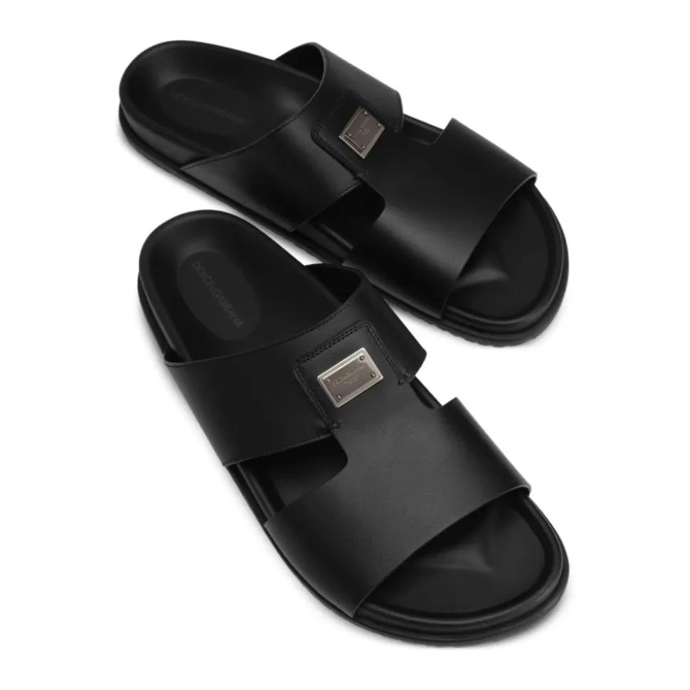 Schwarze Ledersandalen Flache Gummisohle