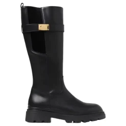 Schwarze Leder-Slipper-Stiefel