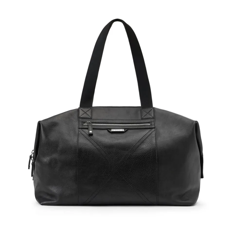 Schwarze Ledertasche mit Kreuzstich und Logoplatte