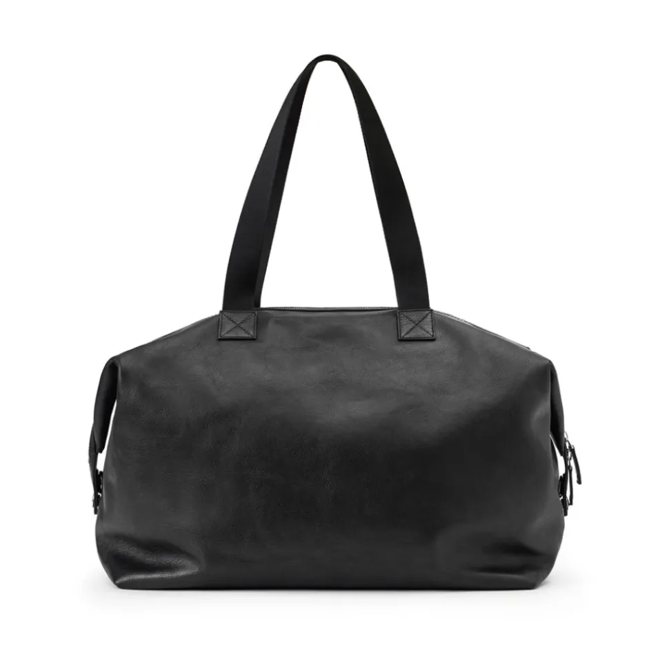 Schwarze Ledertasche mit Kreuzstich und Logoplatte