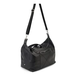 Schwarze Ledertasche mit Kreuzstich und Logoplatte