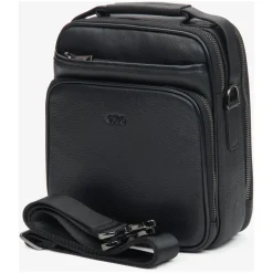 Schwarze Ledertasche mit verstellbarem Schultergurt
