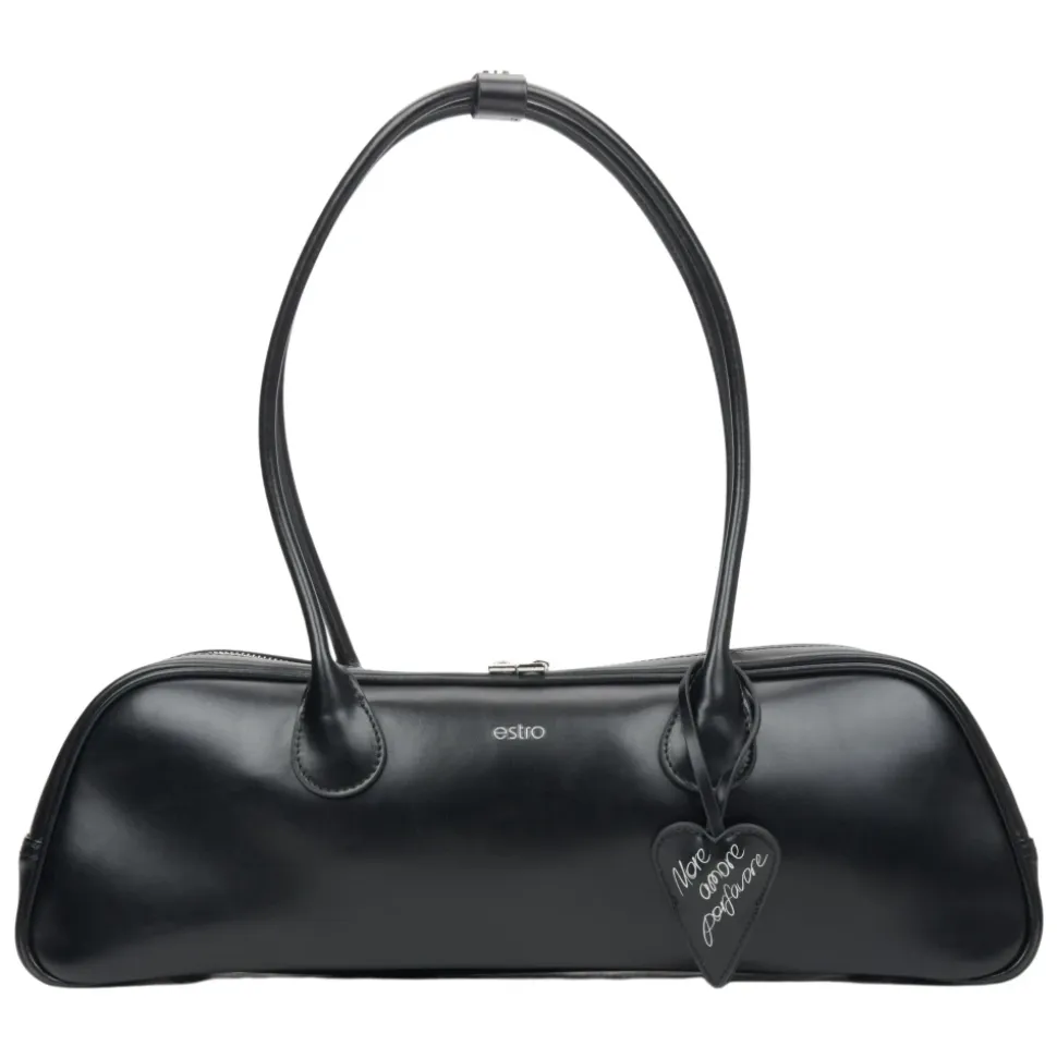 Schwarze Ledertasche mit langen Henkeln