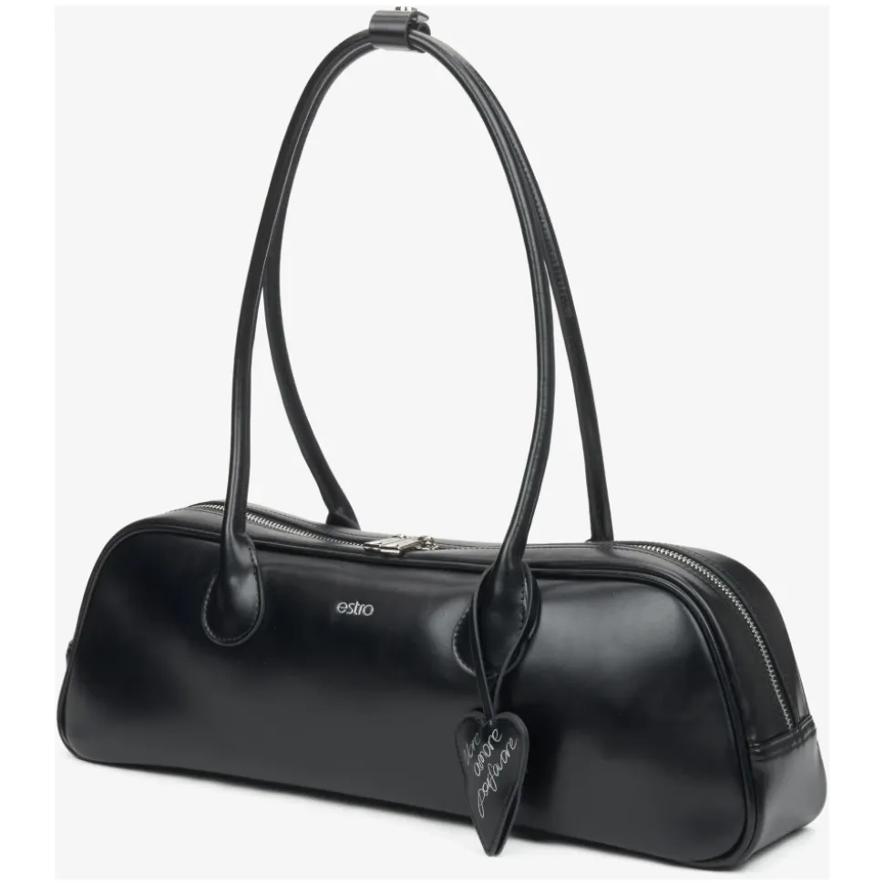 Schwarze Ledertasche mit langen Henkeln