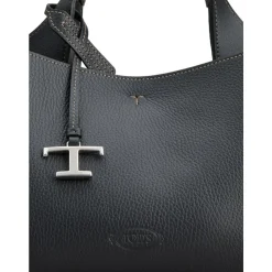 Schwarze Leder-Tote-Tasche mit Logo-Plakette