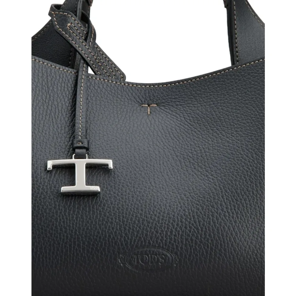 Schwarze Leder-Tote-Tasche mit Logo-Plakette